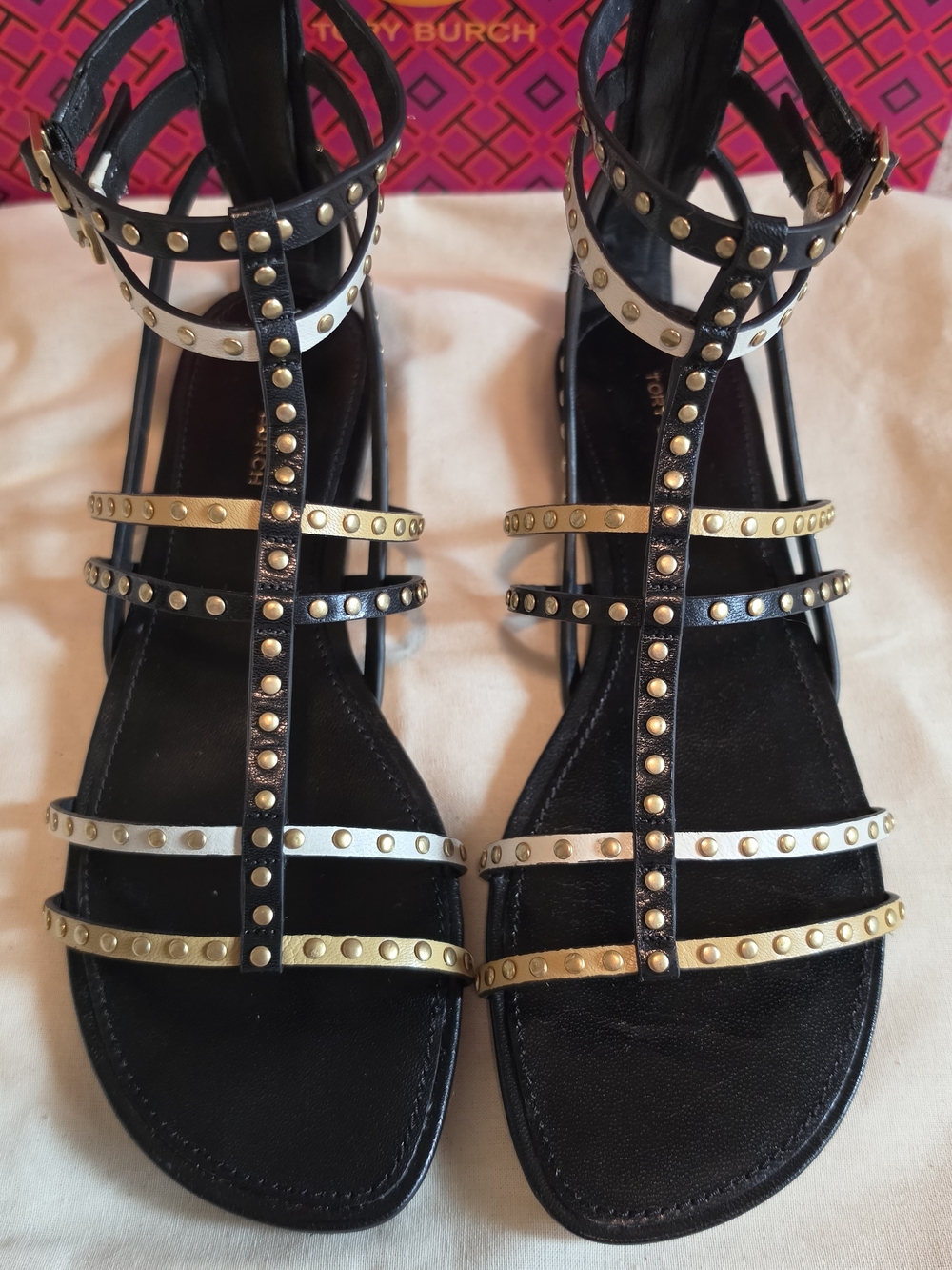 Tory Burch Black Leather Studded Gladiator Sandals - Picture 2 of 14